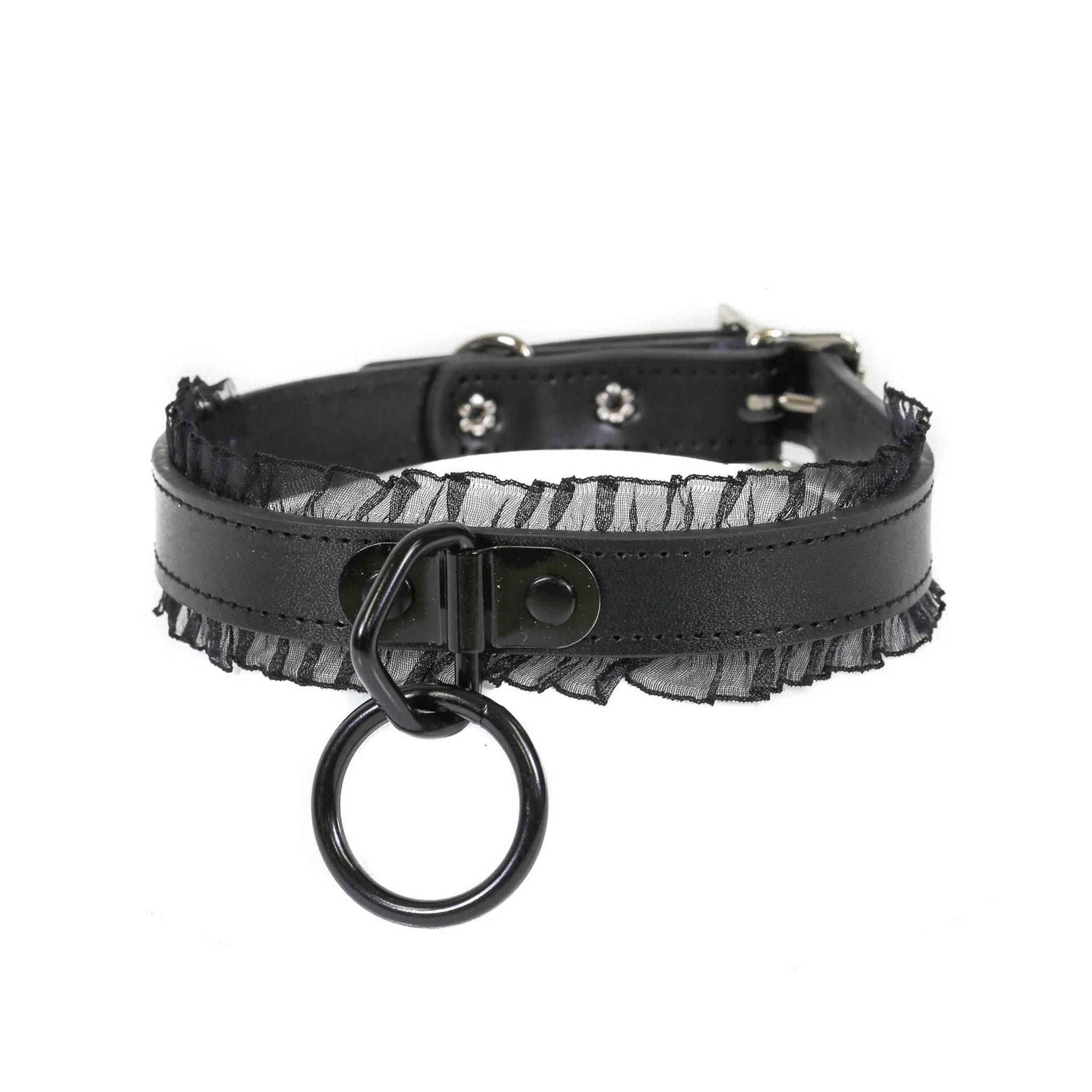 Leather vegan collar choker lace frill O-ring lock plate lockplate lock-plate adjustable buckle fetish fashion punk gothic goth costume cosplay pet-play maid accessories black