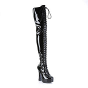 Wetlook wet-look patent-leather footwear shoes boot thigh-high thigh-hi chunky-heel platform round-toe laceup lace-up lace-front nylon-lacing inside-zip full-zip zipper glossy shiny stretch stretchy towering fierce unapologetic comfortable luscious strut savage fetish fashion alt-fashion female femme feminine women black