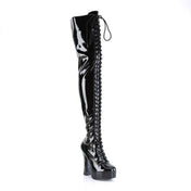 Wetlook wet-look patent-leather synthetic-upper synthetic-midsole synthetic-lining synthetic-outsole accessories footwear shoes boot thigh-high thigh-hi chunky-heel platform round-toe laceup lace-up lace-front nylon-lacing inside-zip full-zip zipper glossy shiny stretch stretchy towering fierce unapologetic comfortable luscious strut savage fetish fashion alt-fashion female femme feminine women black