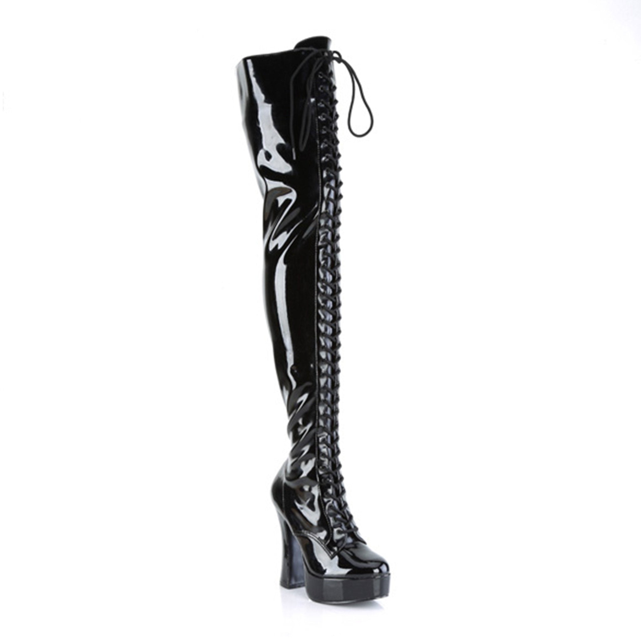 Wetlook wet-look patent-leather synthetic-upper synthetic-midsole synthetic-lining synthetic-outsole accessories footwear shoes boot thigh-high thigh-hi chunky-heel platform round-toe laceup lace-up lace-front nylon-lacing inside-zip full-zip zipper glossy shiny stretch stretchy towering fierce unapologetic comfortable luscious strut savage fetish fashion alt-fashion female femme feminine women black