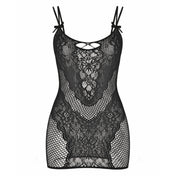 Polyester lace sheer see-thru seethru see-through transparent fishnet fish-net apparel dress mini-dress minidress chemise babydoll baby-doll slip-dress shoulder-strap dual-strap spaghetti-strap sleeveless bow-accent mini-bow faux-laceup cute stretchy breathable sultry sexy naughty curve-hugging strappy daring rebel party-girl date-night female femme feminine womens black