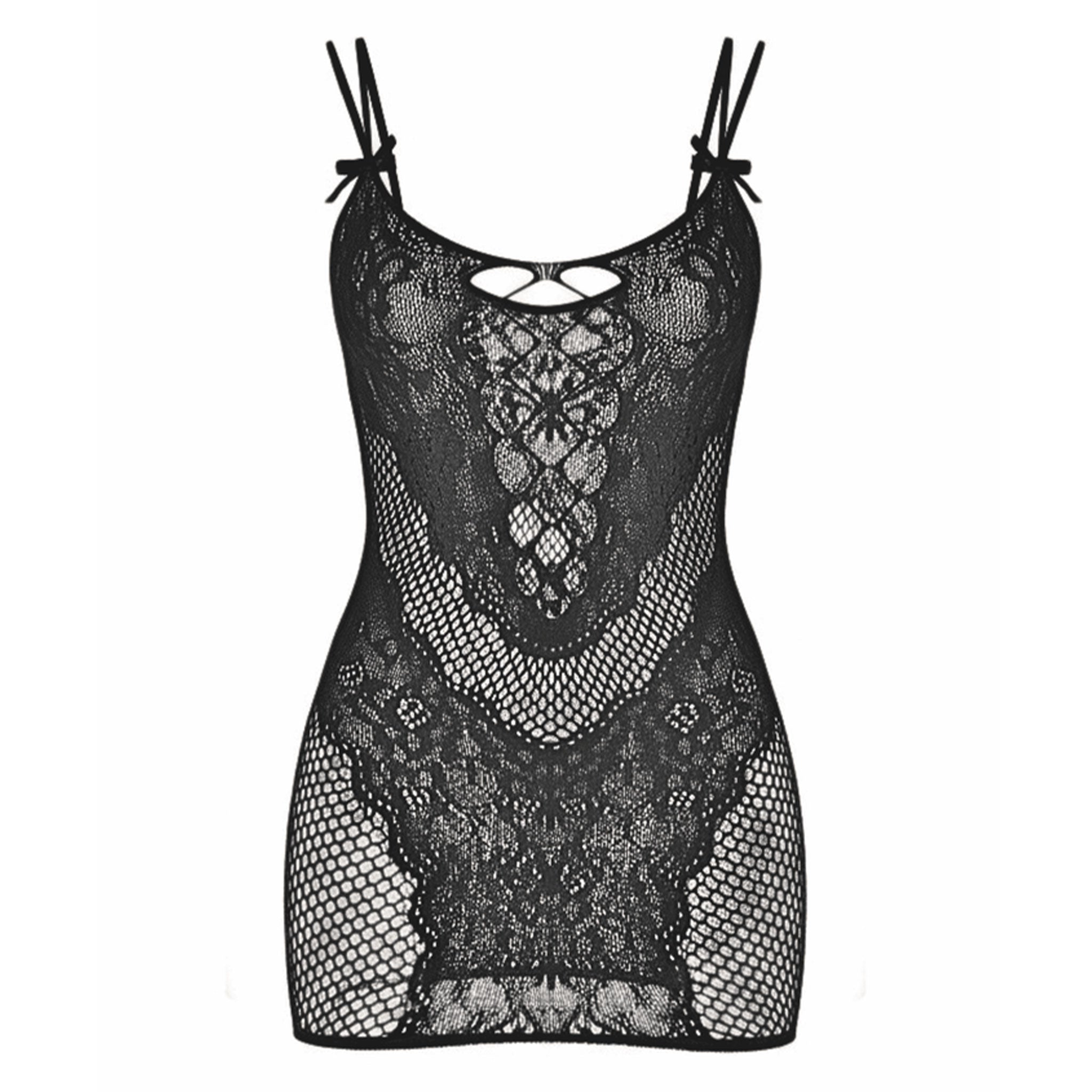 Polyester lace sheer see-thru seethru see-through transparent fishnet fish-net apparel dress mini-dress minidress chemise babydoll baby-doll slip-dress shoulder-strap dual-strap spaghetti-strap sleeveless bow-accent mini-bow faux-laceup cute stretchy breathable sultry sexy naughty curve-hugging strappy daring rebel party-girl date-night female femme feminine womens black
