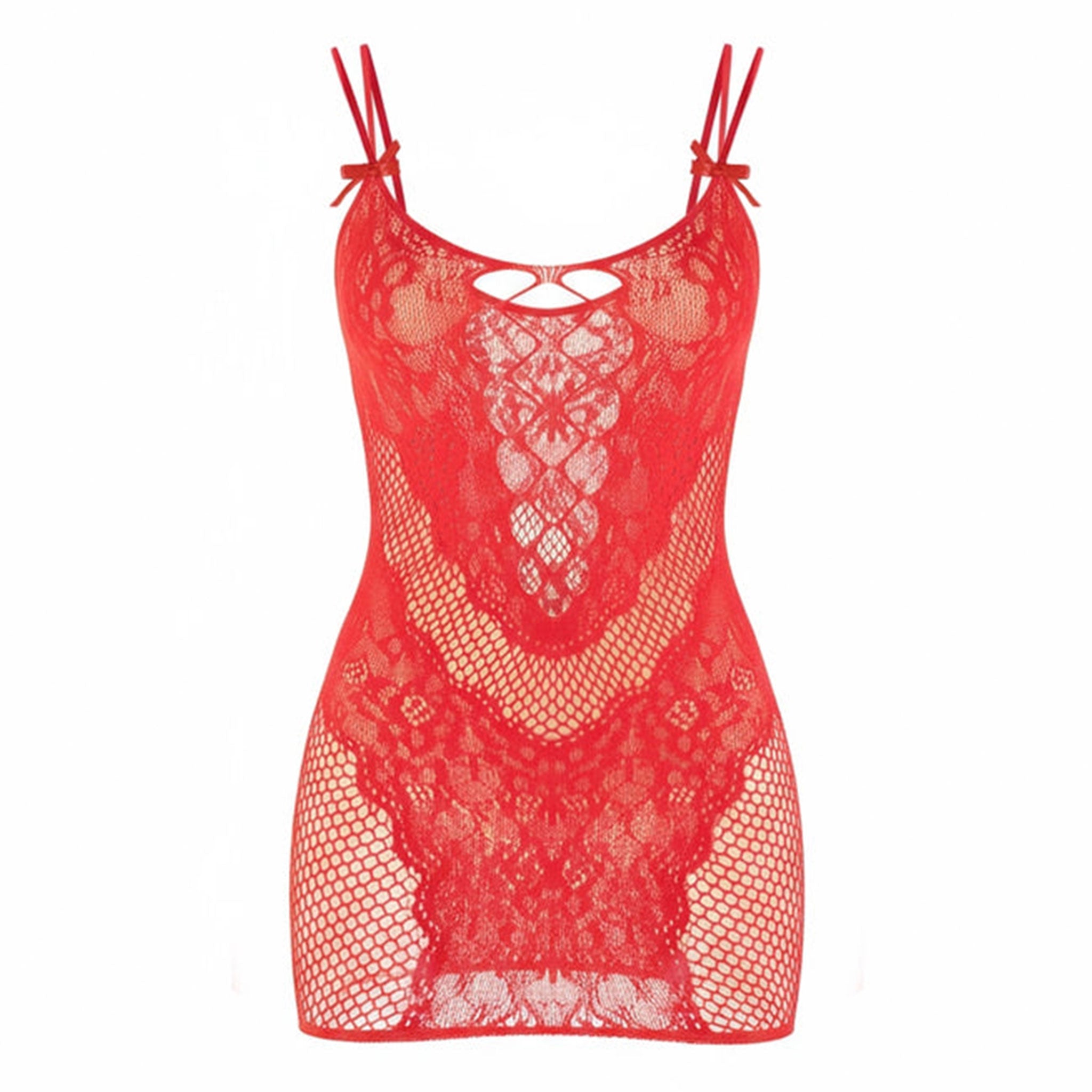 Polyester lace sheer see-thru seethru see-through transparent fishnet fish-net apparel dress mini-dress minidress chemise babydoll baby-doll slip-dress shoulder-strap dual-strap spaghetti-strap sleeveless bow-accent mini-bow faux-laceup cute stretchy breathable sultry sexy naughty curve-hugging strappy daring rebel party-girl date-night female femme feminine womens red