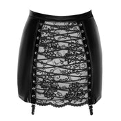 Wetlook power-wetlook mini skirt mini-skirt miniskirt high waist high-waist waisted high-waisted lace-up laced-up corset back garter clips slide lace sexy edgy sophisticated noir black