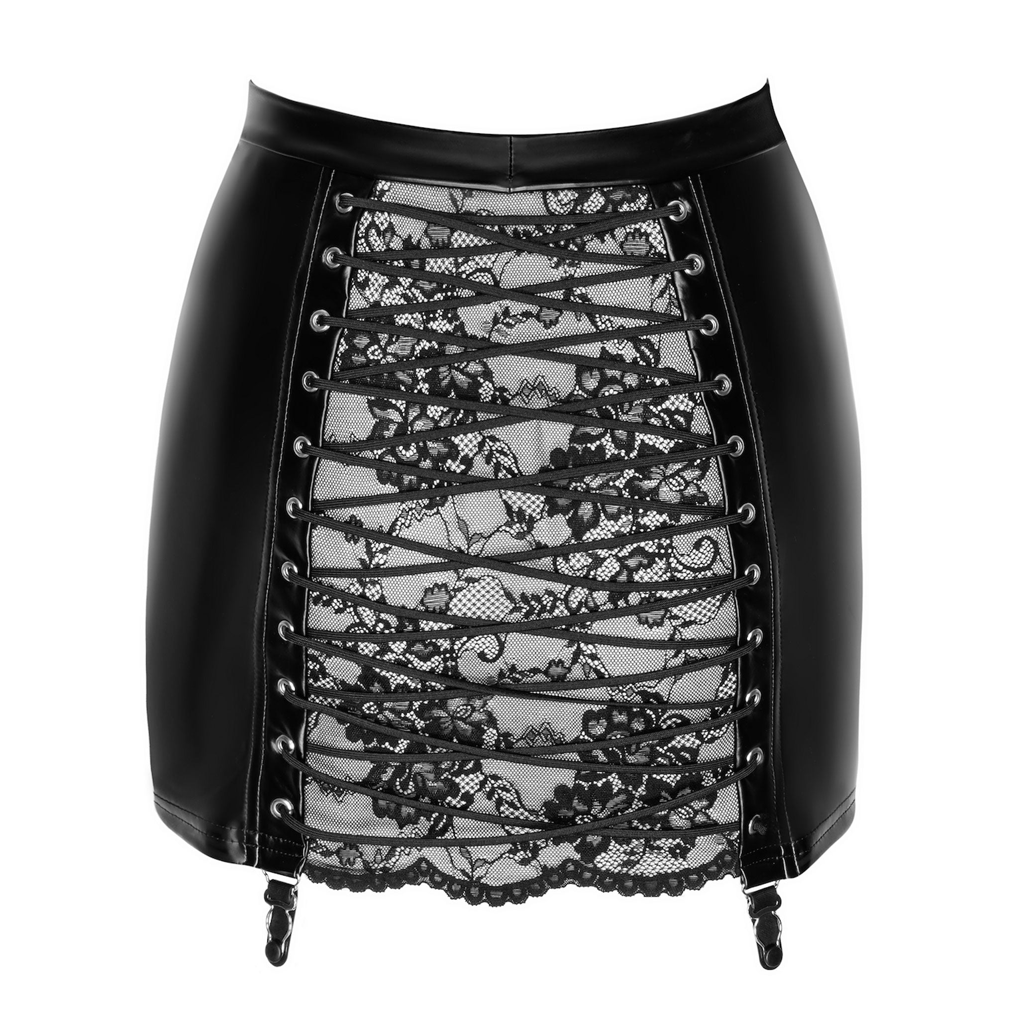 Wetlook power-wetlook mini skirt mini-skirt miniskirt high waist high-waist waisted high-waisted lace-up laced-up corset back garter clips slide lace sexy edgy sophisticated noir black