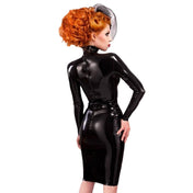 Latex dress midi-dress long knee-length pencil high-neck cleavage keyhole key-hole long-sleeve sleeve sleeves sleeved longsleeve three-quarter zipper back-zip nylon-cording laceup lace-up elegant dramatic party halloween sexy female femme feminine women black