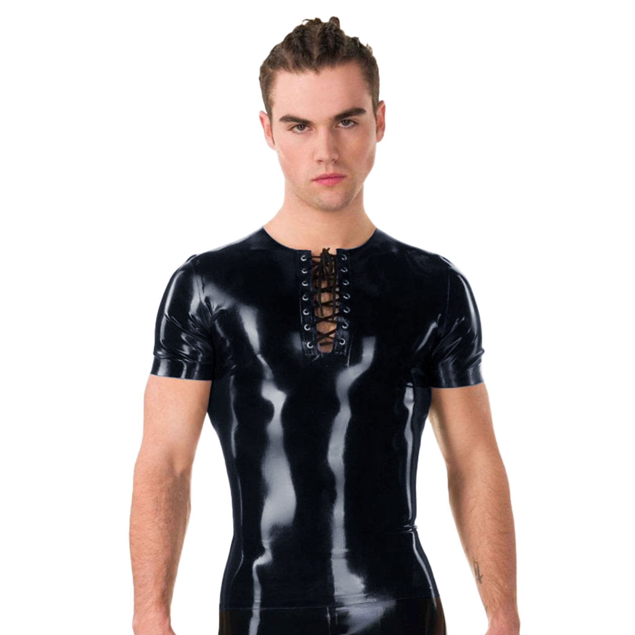 Latex rubber tops shirt t-shirt muscle-shirt shortsleeve short-sleeve sleeves sleeved laceup lace-up neck pullon pull-on shiny glossy close-fit fetish fashion accentuate male masculine masc mens menswear guys dudes black