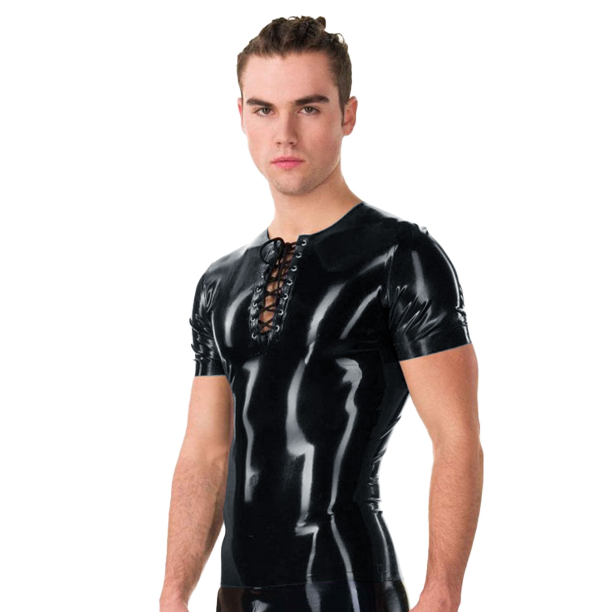 Latex rubber tops shirt t-shirt muscle-shirt shortsleeve short-sleeve sleeves sleeved laceup lace-up neck pullon pull-on shiny glossy close-fit fetish fashion accentuate male masculine masc mens menswear guys dudes black