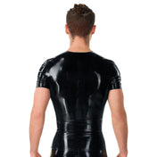 Latex rubber tops shirt t-shirt muscle-shirt shortsleeve short-sleeve sleeves sleeved laceup lace-up neck pullon pull-on shiny glossy close-fit fetish fashion accentuate male masculine masc mens menswear guys dudes black