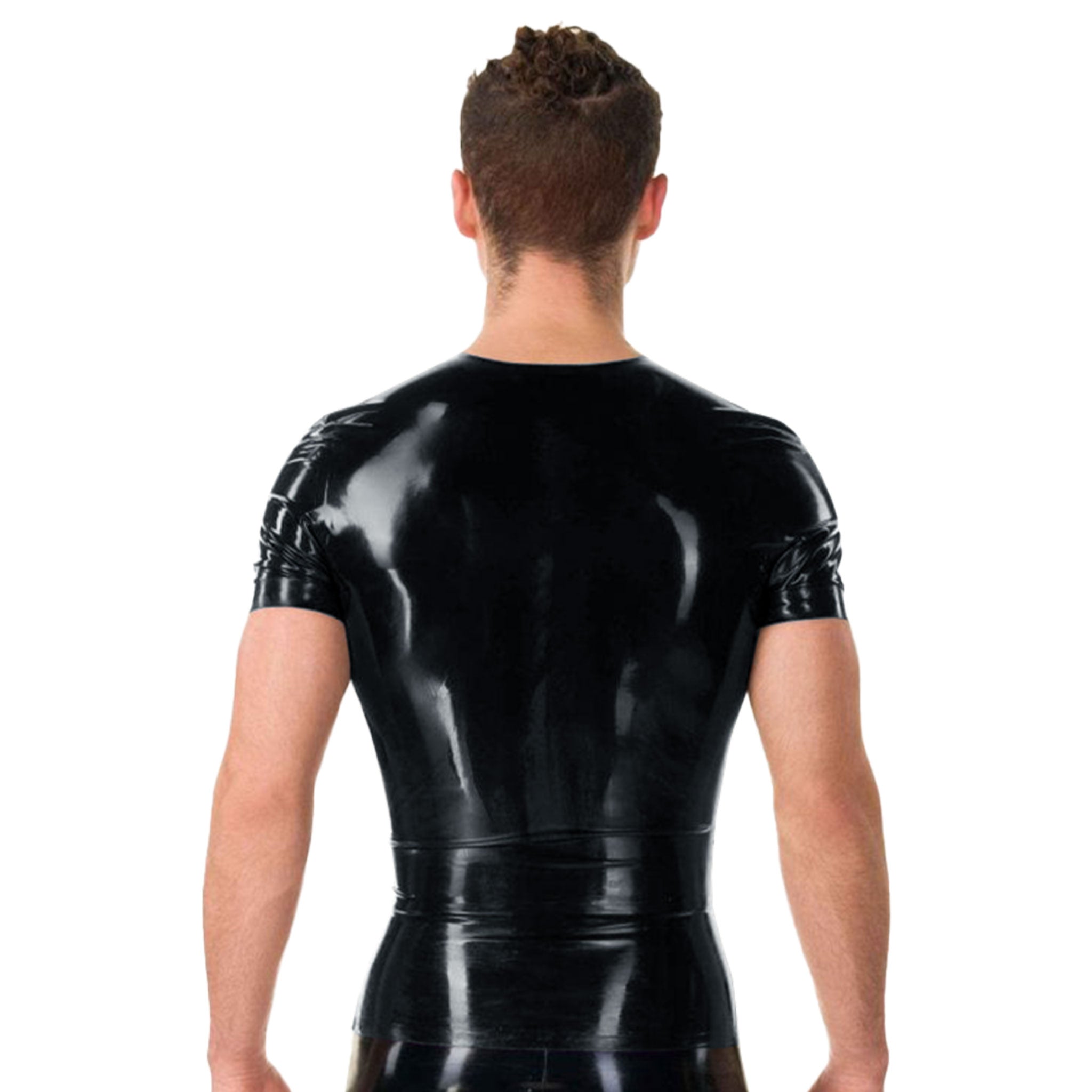 Latex rubber tops shirt t-shirt muscle-shirt shortsleeve short-sleeve sleeves sleeved laceup lace-up neck pullon pull-on shiny glossy close-fit fetish fashion accentuate male masculine masc mens menswear guys dudes black