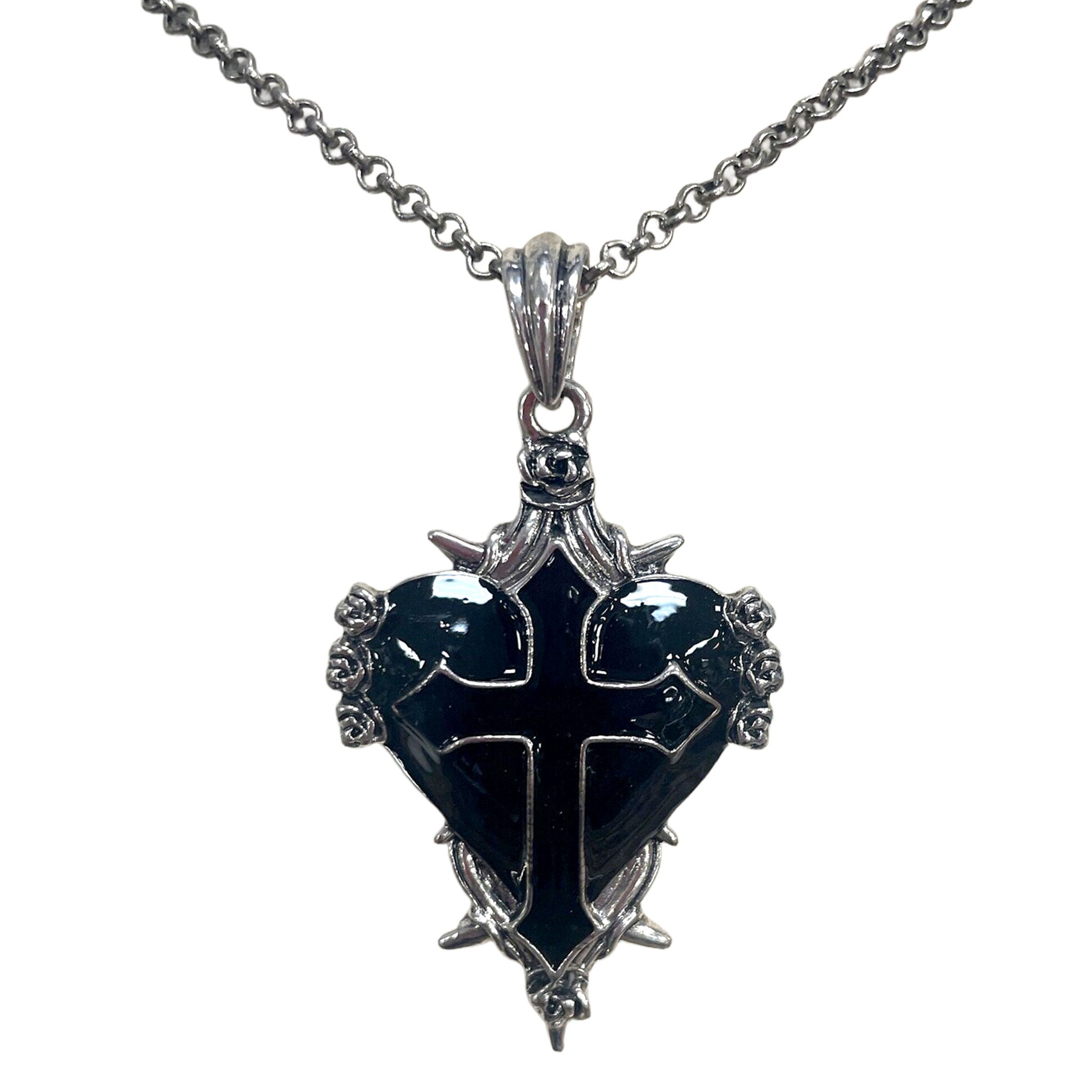 Metallic-alloy enamel accessories jewelry necklace pendant heart sacred-heart cross latin-cross thorns roses chain-necklace adjustable back closure lobster-clasp shiny glossy stunning fashion alt-fashion goth gothic victorian festival party costume cosplay halloween halloween-accessories vampire spooky holiday-shop gifts unisex black