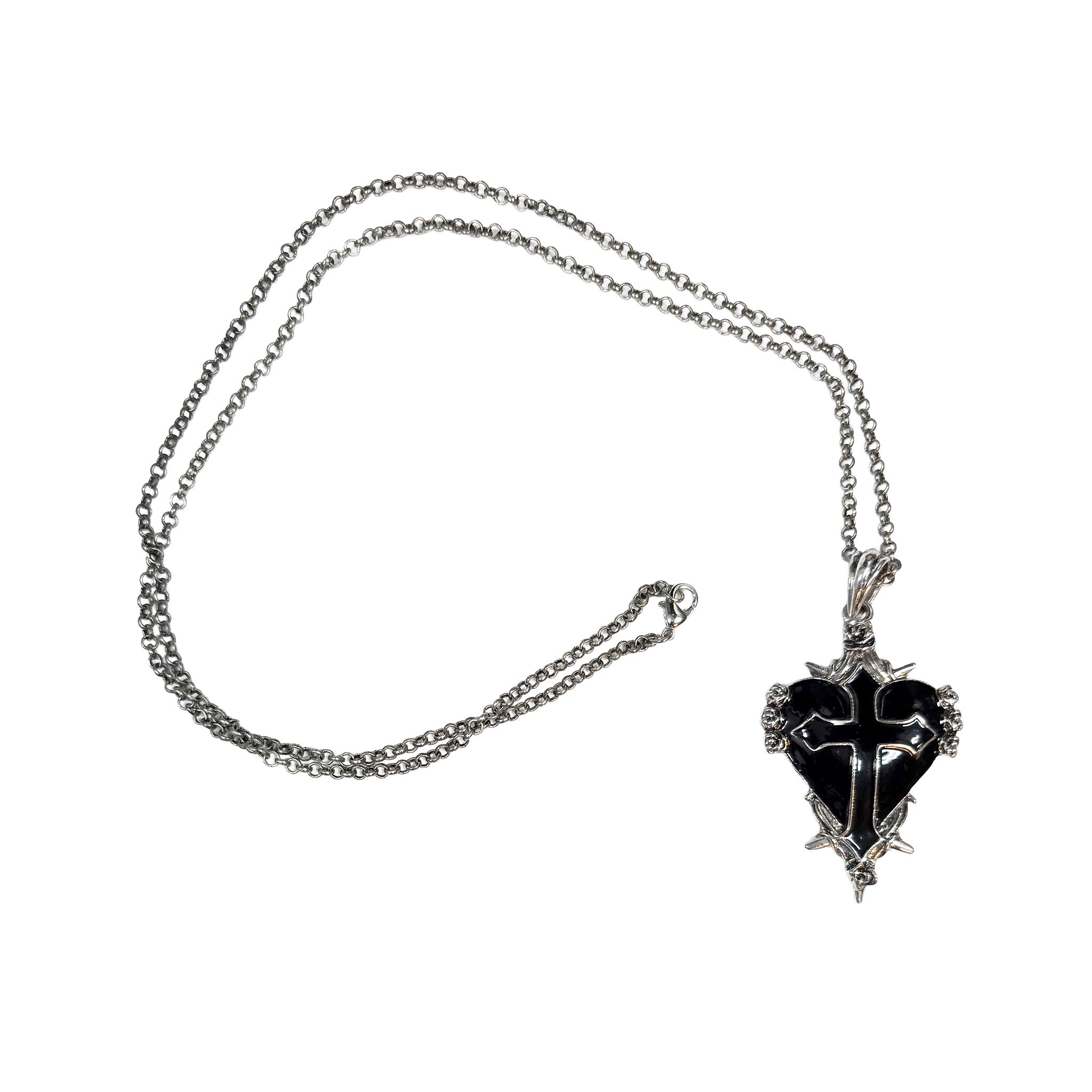 Metallic-alloy enamel accessories jewelry necklace pendant heart sacred-heart cross latin-cross thorns roses chain-necklace adjustable back closure lobster-clasp shiny glossy stunning fashion alt-fashion goth gothic victorian festival party costume cosplay halloween halloween-accessories vampire spooky holiday-shop gifts unisex black