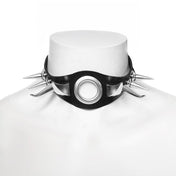 Faux-leather synthetic-leather PU-leather choker collar spike spikes curved spiked large-grommet adjustable buckle metallic alloy fetish fashion alt-fashion punk rock goth cyber cyber-punk cyberpunk black-metal post-apocalyptic metalhead dark-punk clubwear club-wear rave ravewear rave-wear edgy fierce unisex accessories black silver