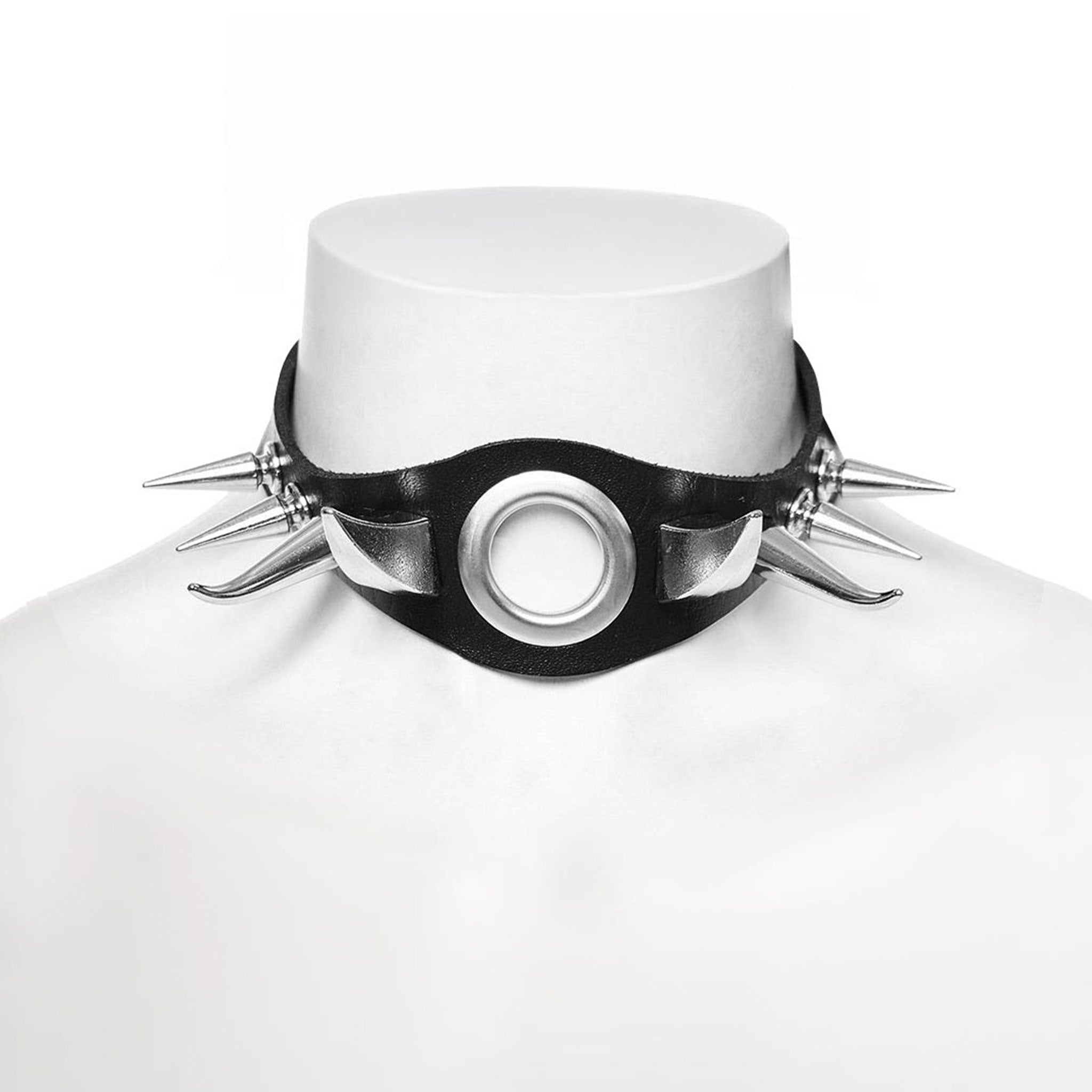Faux-leather synthetic-leather PU-leather choker collar spike spikes curved spiked large-grommet adjustable buckle metallic alloy fetish fashion alt-fashion punk rock goth cyber cyber-punk cyberpunk black-metal post-apocalyptic metalhead dark-punk clubwear club-wear rave ravewear rave-wear edgy fierce unisex accessories black silver