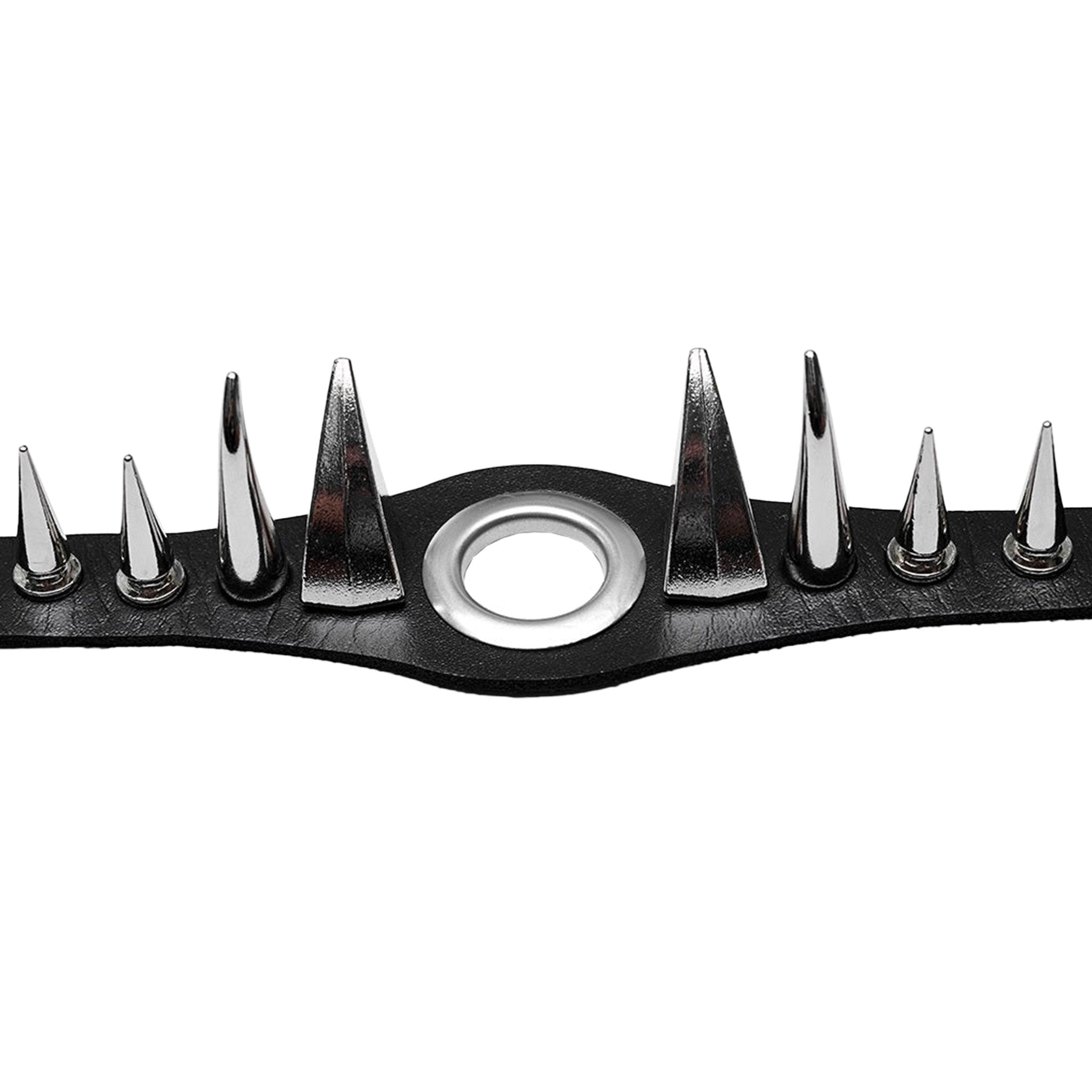 Faux-leather synthetic-leather PU-leather choker collar spike spikes curved spiked large-grommet adjustable buckle metallic alloy fetish fashion alt-fashion punk rock goth cyber cyber-punk cyberpunk black-metal post-apocalyptic metalhead dark-punk clubwear club-wear rave ravewear rave-wear edgy fierce unisex accessories black silver