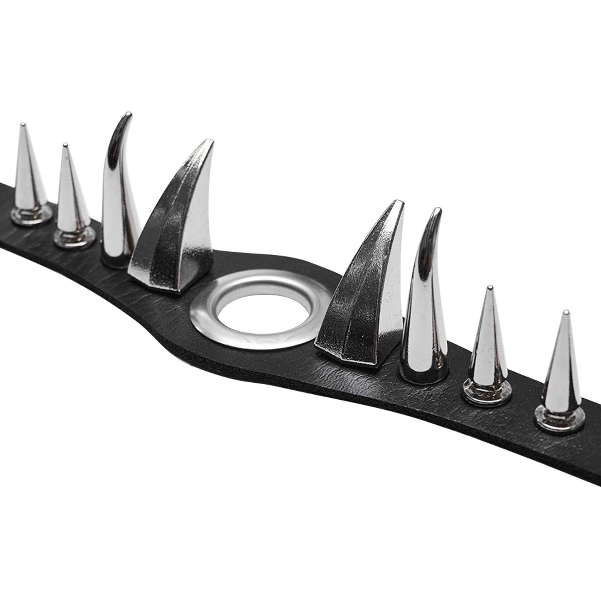Faux-leather synthetic-leather PU-leather choker collar spike spikes curved spiked large-grommet adjustable buckle metallic alloy fetish fashion alt-fashion punk rock goth cyber cyber-punk cyberpunk black-metal post-apocalyptic metalhead dark-punk clubwear club-wear rave ravewear rave-wear edgy fierce unisex accessories black silver