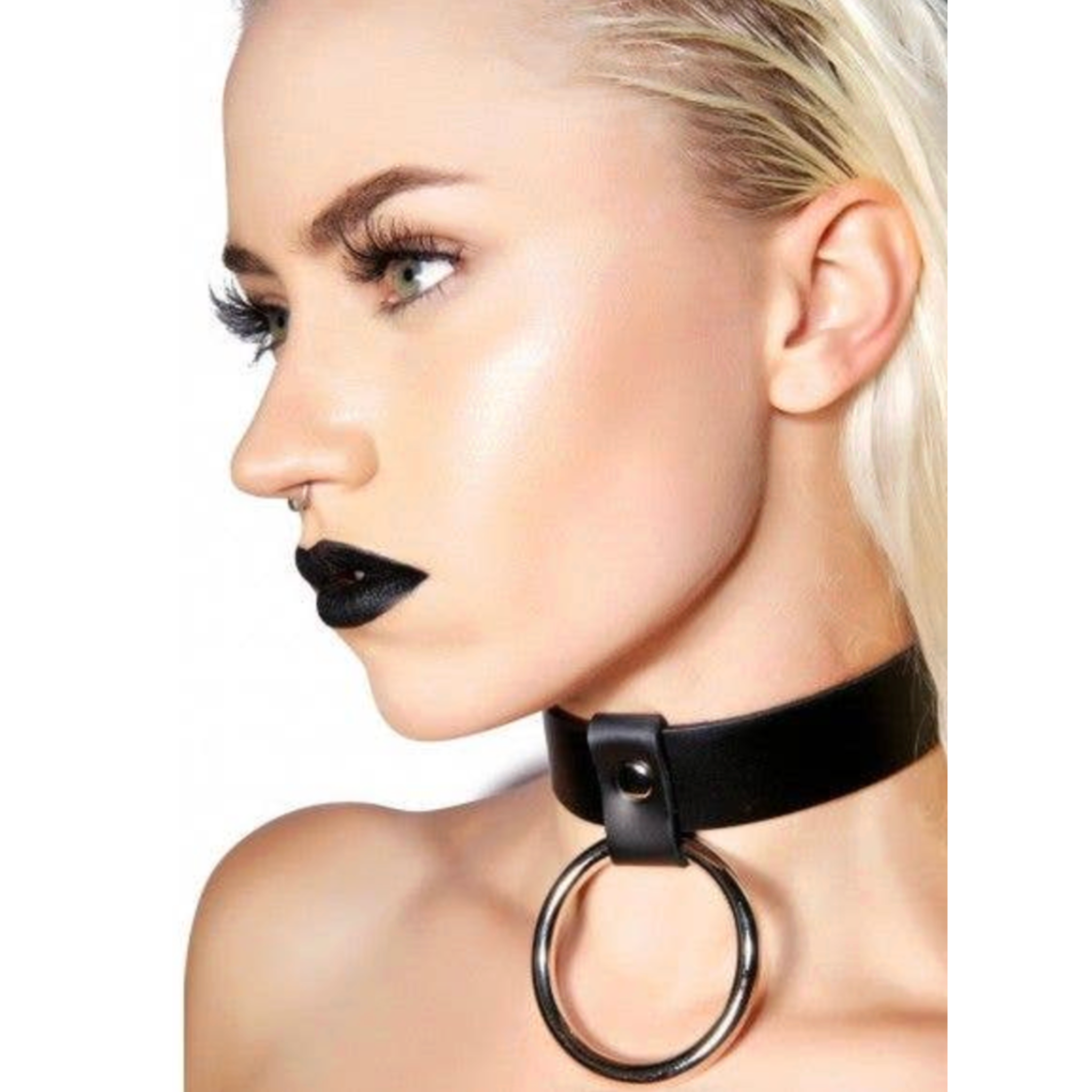 large ring bondage choker black leather o-ring gothic punk collar adjustable buckle fetish accessory