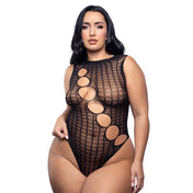 Nylon Spandex mesh knit-mesh sheer see-through see-thru rhinestone apparel intimates lingerie one-piece onesie bodysuit teddy diagonal cutout cut-out rhinestone-accent open-back back-window textured grid-pattern sleeveless stretchy breathable sexy fetish fashion alt-fashion bedroom dancewear ravewear raver-babe rave female femme feminine womens black queen