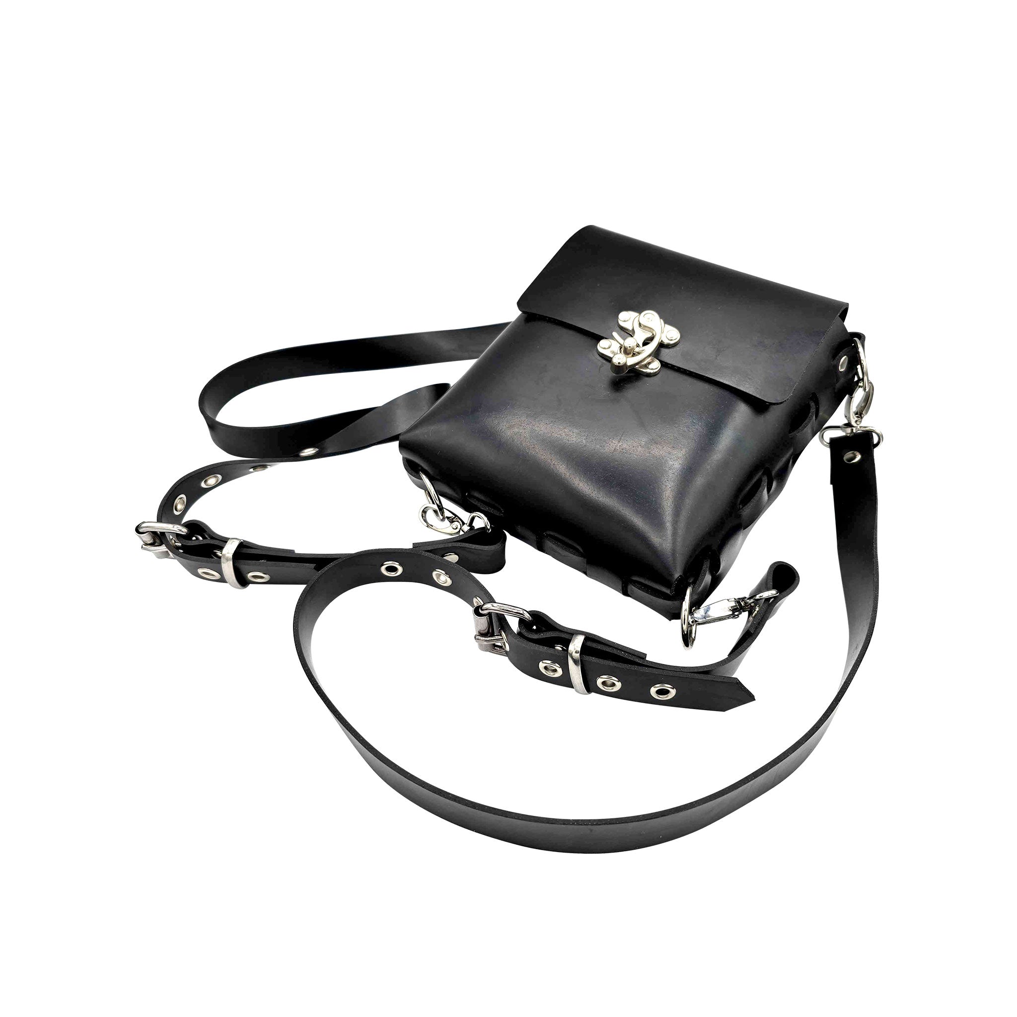 Latex rubber accessories luggage bag backpack pouch compact spacious shoulder-straps adjustable detachable bold shiny glossy fetish-inspired 
fetish fashion alt-fashion black