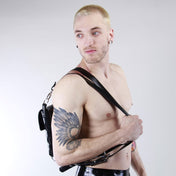 Latex rubber accessories luggage bag backpack pouch compact spacious shoulder-straps adjustable detachable bold shiny glossy fetish-inspired 
fetish fashion alt-fashion black