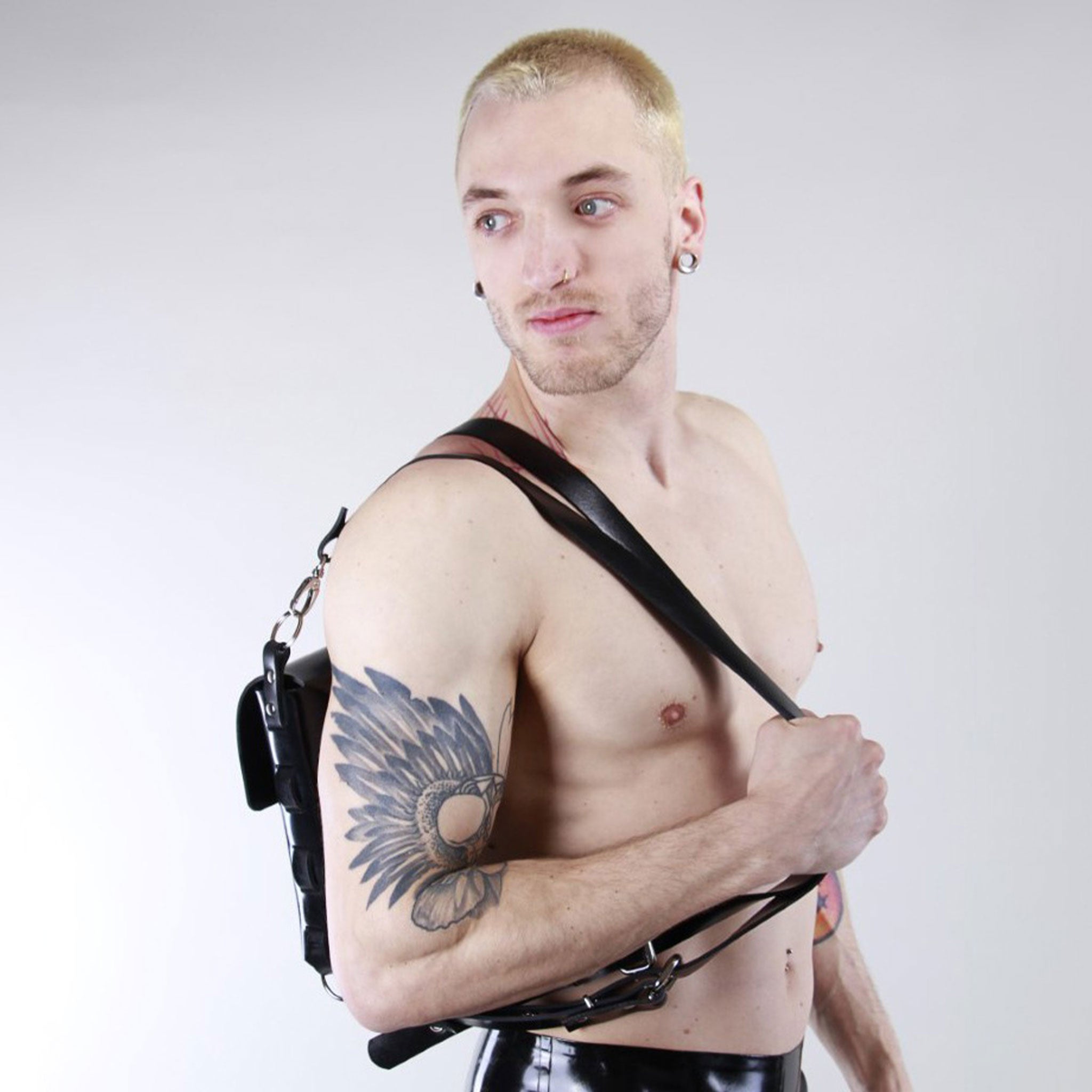 Latex rubber accessories luggage bag backpack pouch compact spacious shoulder-straps adjustable detachable bold shiny glossy fetish-inspired 
fetish fashion alt-fashion black