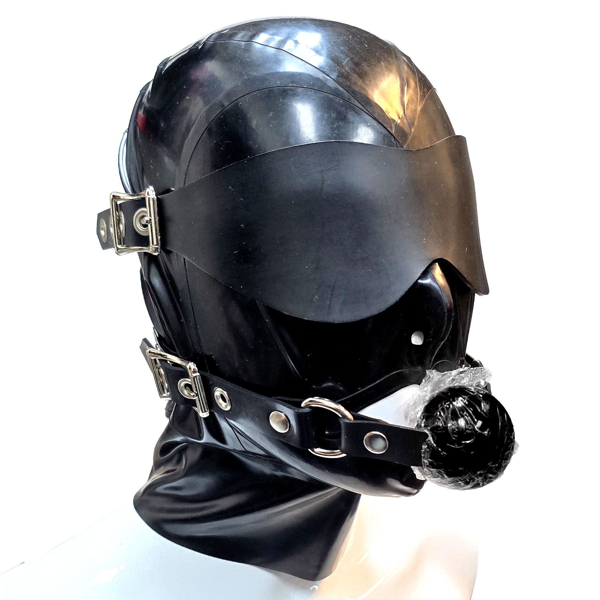 Latex heavy-latex rubber thick grommets accessories latex-accessories head-gear hood latex-hood mask full-face anatomical mouth-gag ball-gag blindfold adjustable buckles zipper back-zip D-ring shiny glossy sexy fetish fashion alt-fashion alternative bedroom dungeon bondage bdsm bdsm-gear bdsm-toys bdsm-fashion kink kinky kink-play kinky-toys kinkwear restraints sensory-play costume cosplay halloween unisex black black-ballgag