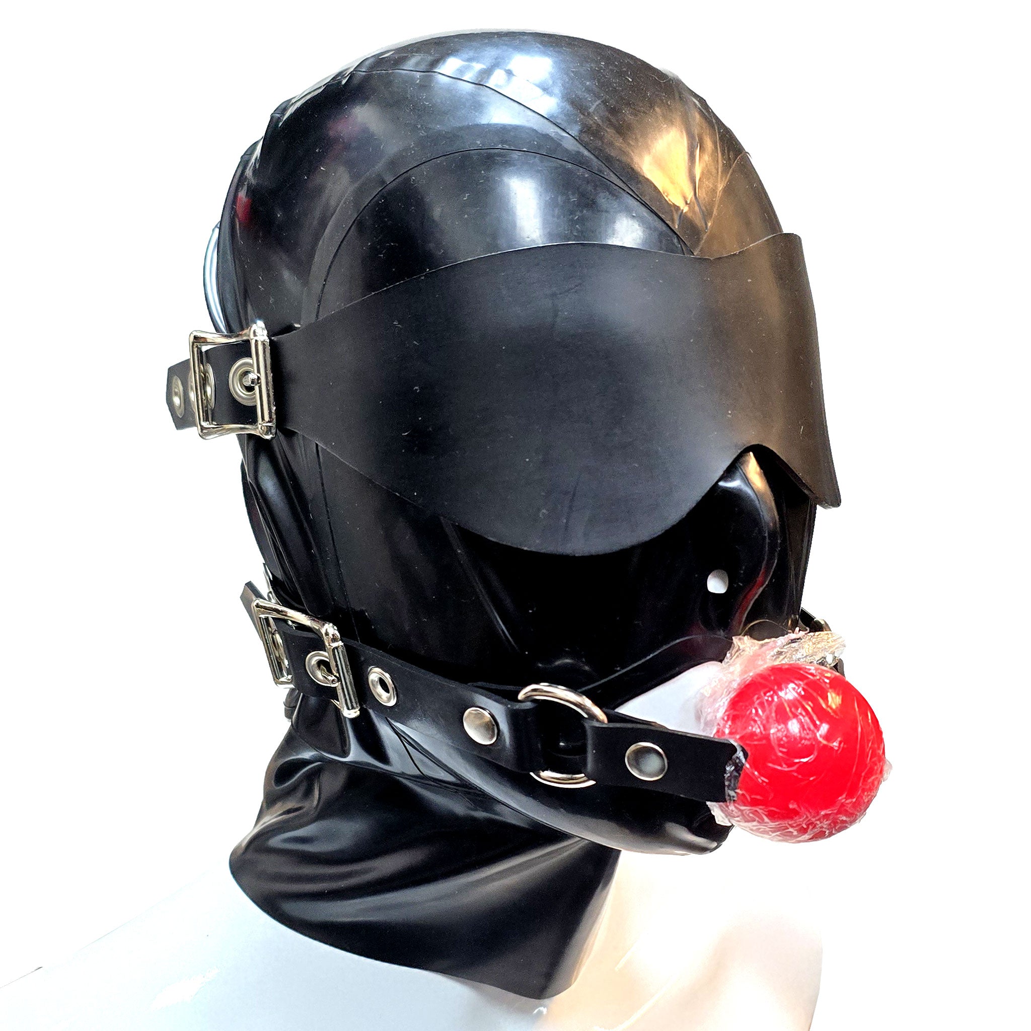 Latex heavy-latex rubber thick grommets accessories latex-accessories head-gear hood latex-hood mask full-face anatomical mouth-gag ball-gag blindfold adjustable buckles zipper back-zip D-ring shiny glossy sexy fetish fashion alt-fashion alternative bedroom dungeon bondage bdsm bdsm-gear bdsm-toys bdsm-fashion kink kinky kink-play kinky-toys kinkwear restraints sensory-play costume cosplay halloween unisex black red-ballgag 