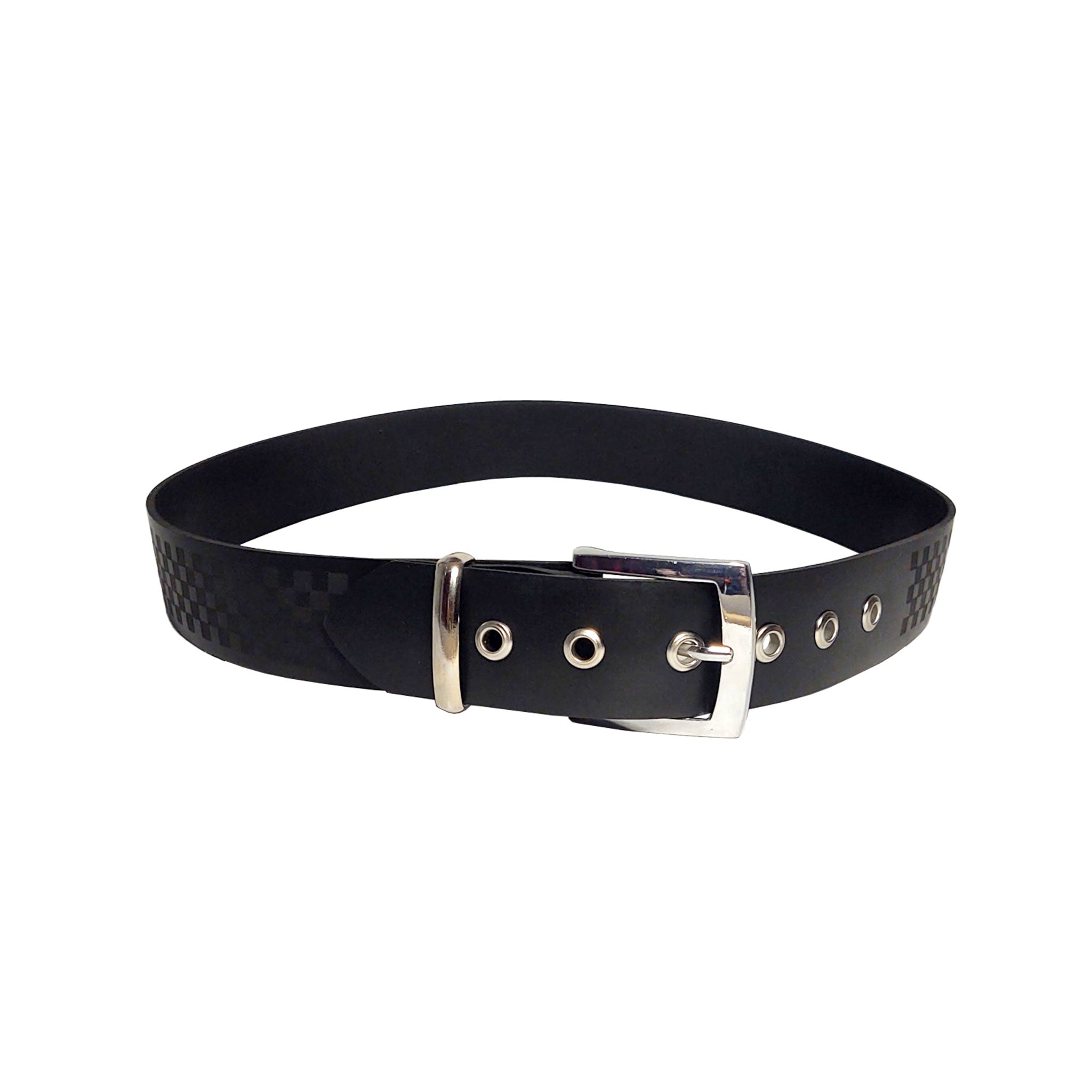 Latex heavy-latex rubber heavy-rubber textured-latex checkerboard checkered checkered-texture accessories belt pants-belt trousers-belt buckle grommets eyelets fetish fashion alt-fashion bdsm-fashion male masculine masc mens menswear dudes guys black