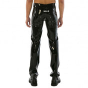 Latex rubber apparel bottoms pants jeans jean-cut straight-cut long-leg pockets zipper front-zip zipper-fly belt-loops decorative-pockets faux-pockets classic sleek sexy shiny glossy fetish fashion alt-fashion alternative punk goth gothic cyber cyberpunk festival rave ravewear clubwear kink kinky kinkwear costume cosplay halloween male masculine masc mens menswear guys dudes black
