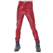 Latex rubber apparel bottoms pants jeans jean-cut straight-cut long-leg pockets zipper front-zip zipper-fly belt-loops decorative-pockets faux-pockets classic sleek sexy shiny glossy fetish fashion alt-fashion alternative punk goth gothic cyber cyberpunk festival rave ravewear clubwear kink kinky kinkwear costume cosplay halloween male masculine masc mens menswear guys dudes red