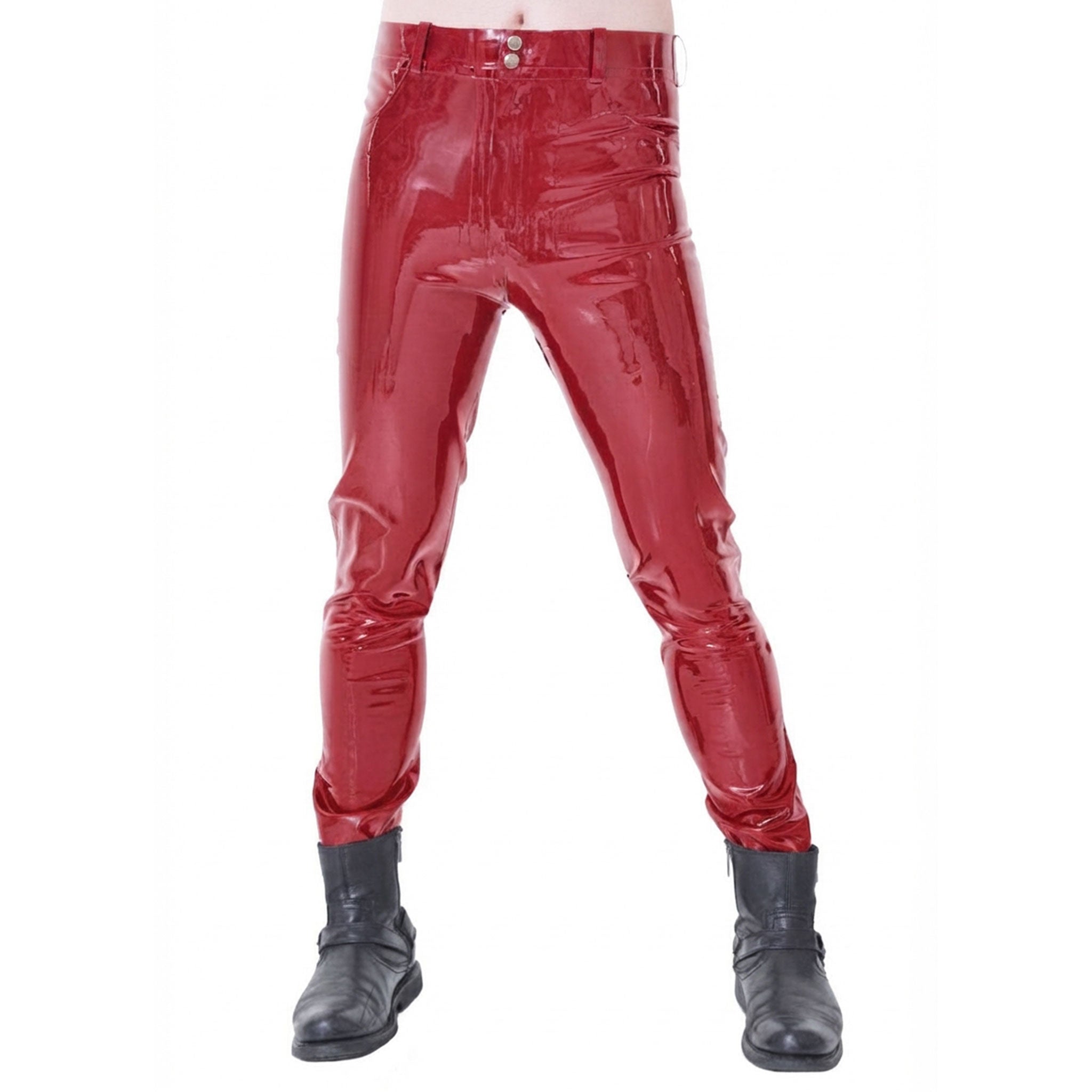 Latex rubber apparel bottoms pants jeans jean-cut straight-cut long-leg pockets zipper front-zip zipper-fly belt-loops decorative-pockets faux-pockets classic sleek sexy shiny glossy fetish fashion alt-fashion alternative punk goth gothic cyber cyberpunk festival rave ravewear clubwear kink kinky kinkwear costume cosplay halloween male masculine masc mens menswear guys dudes red