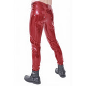 Latex rubber apparel bottoms pants jeans jean-cut straight-cut long-leg pockets zipper front-zip zipper-fly belt-loops decorative-pockets faux-pockets classic sleek sexy shiny glossy fetish fashion alt-fashion alternative punk goth gothic cyber cyberpunk festival rave ravewear clubwear kink kinky kinkwear costume cosplay halloween male masculine masc mens menswear guys dudes red