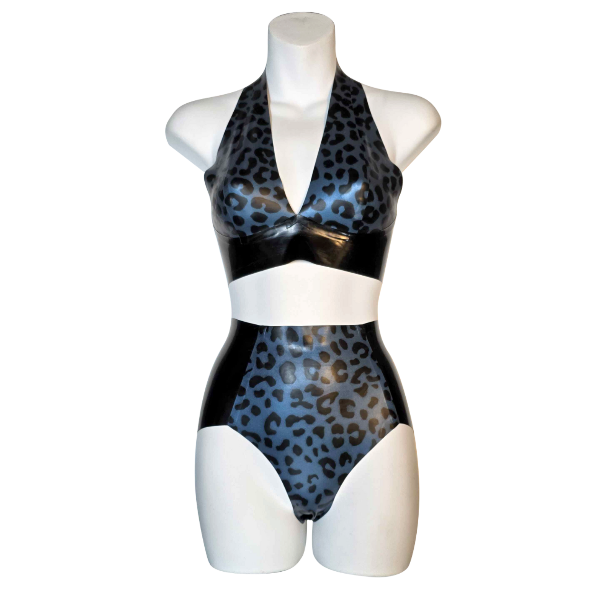 Latex classic panel panty and halter set in blue and black handmade in NYC, glossy natural latex lingerie with bold color block design, curve-hugging latex halter top and matching panty, fetish fashion set for daring alternative style