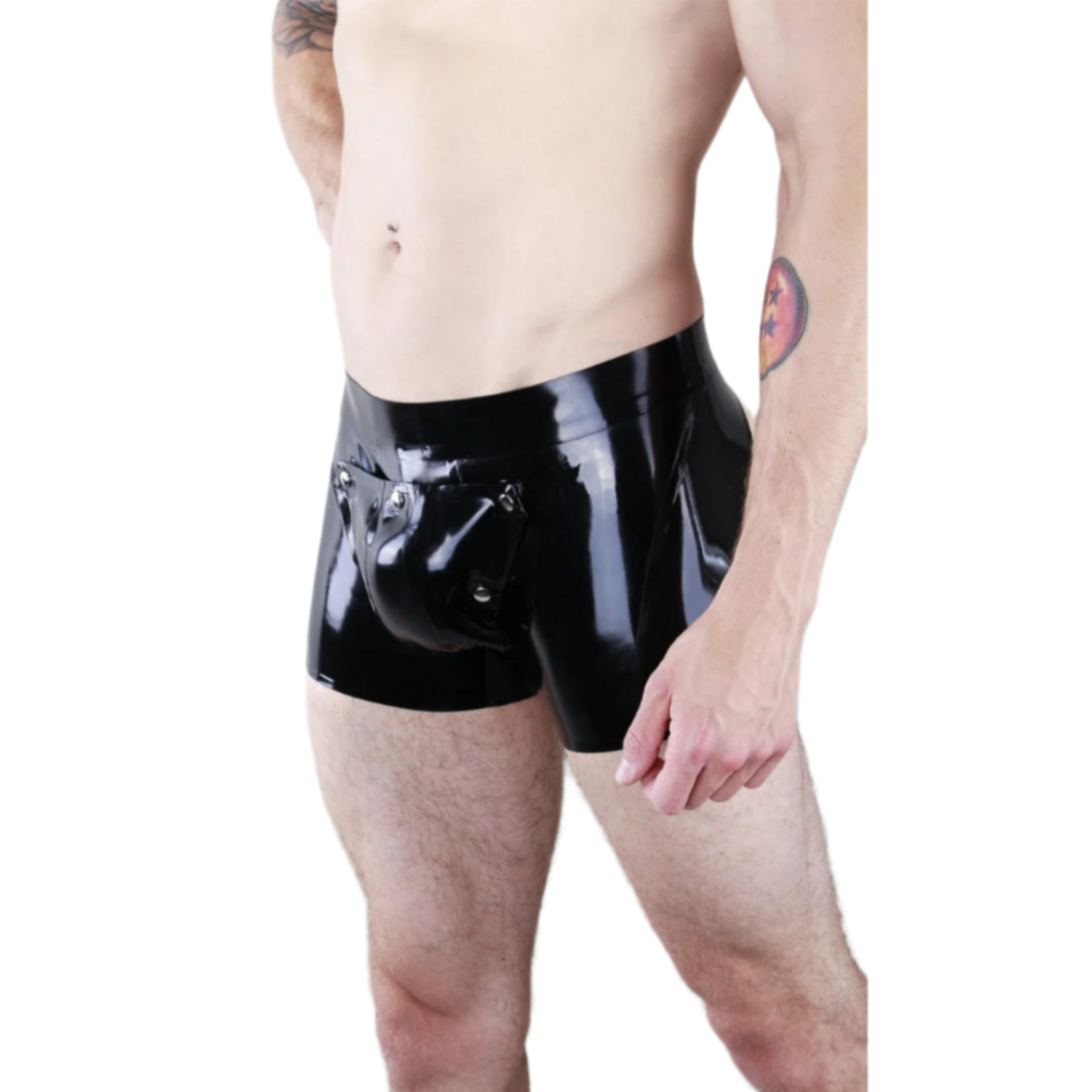 Latex codpiece shorts with a snap-button removable front and open-back design, high-shine finish, and form-fitting cut.

