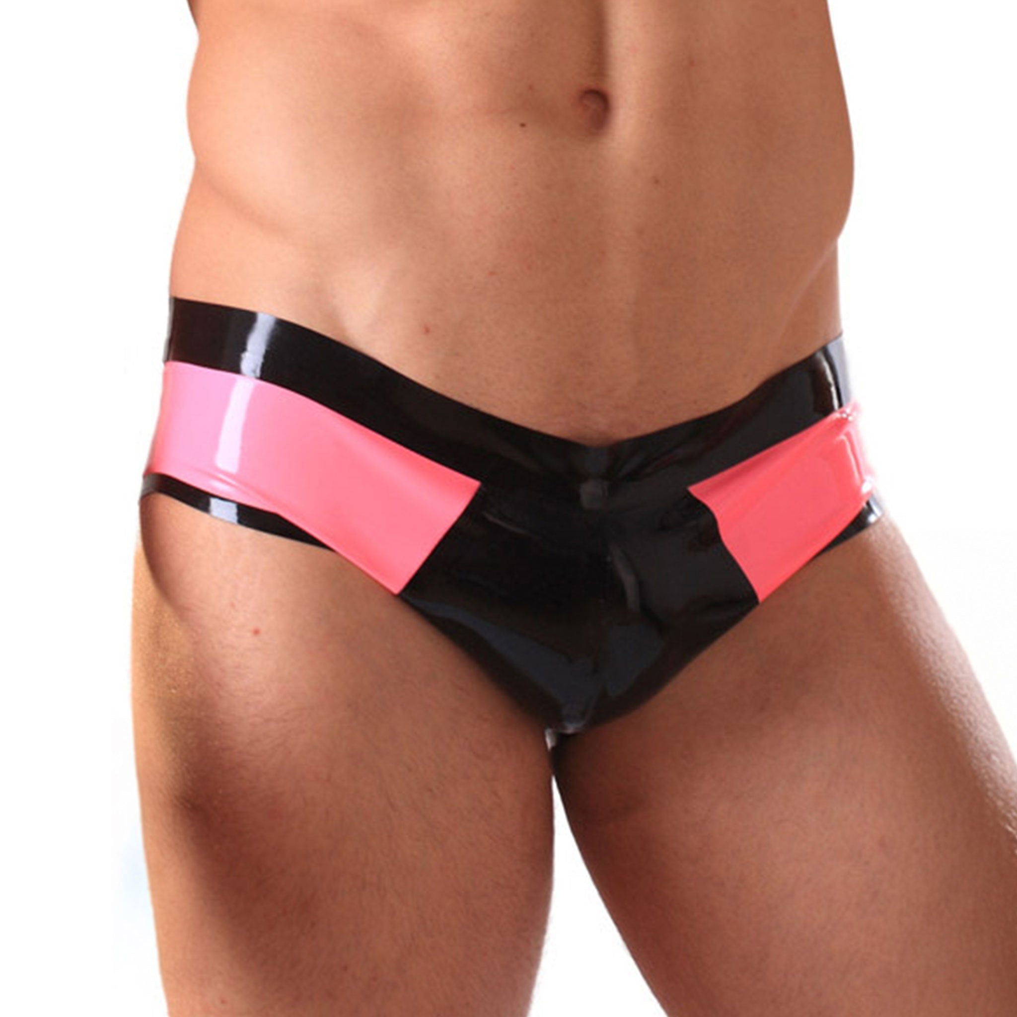 Latex rubber apparel intimates bottoms lingerie underwear briefs low-rise shaped-pouch crotch pouch stretchy shiny glossy striking vibrant fetish fashion alt-fashion alternative hipster ravewear kink kinky kinkwear costume cosplay halloween male masculine masc mens guys dudes gay queer lgbtq black pink