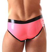 Latex rubber apparel intimates bottoms lingerie underwear briefs low-rise shaped-pouch crotch pouch stretchy shiny glossy striking vibrant fetish fashion alt-fashion alternative hipster ravewear kink kinky kinkwear costume cosplay halloween male masculine masc mens guys dudes gay queer lgbtq black pink