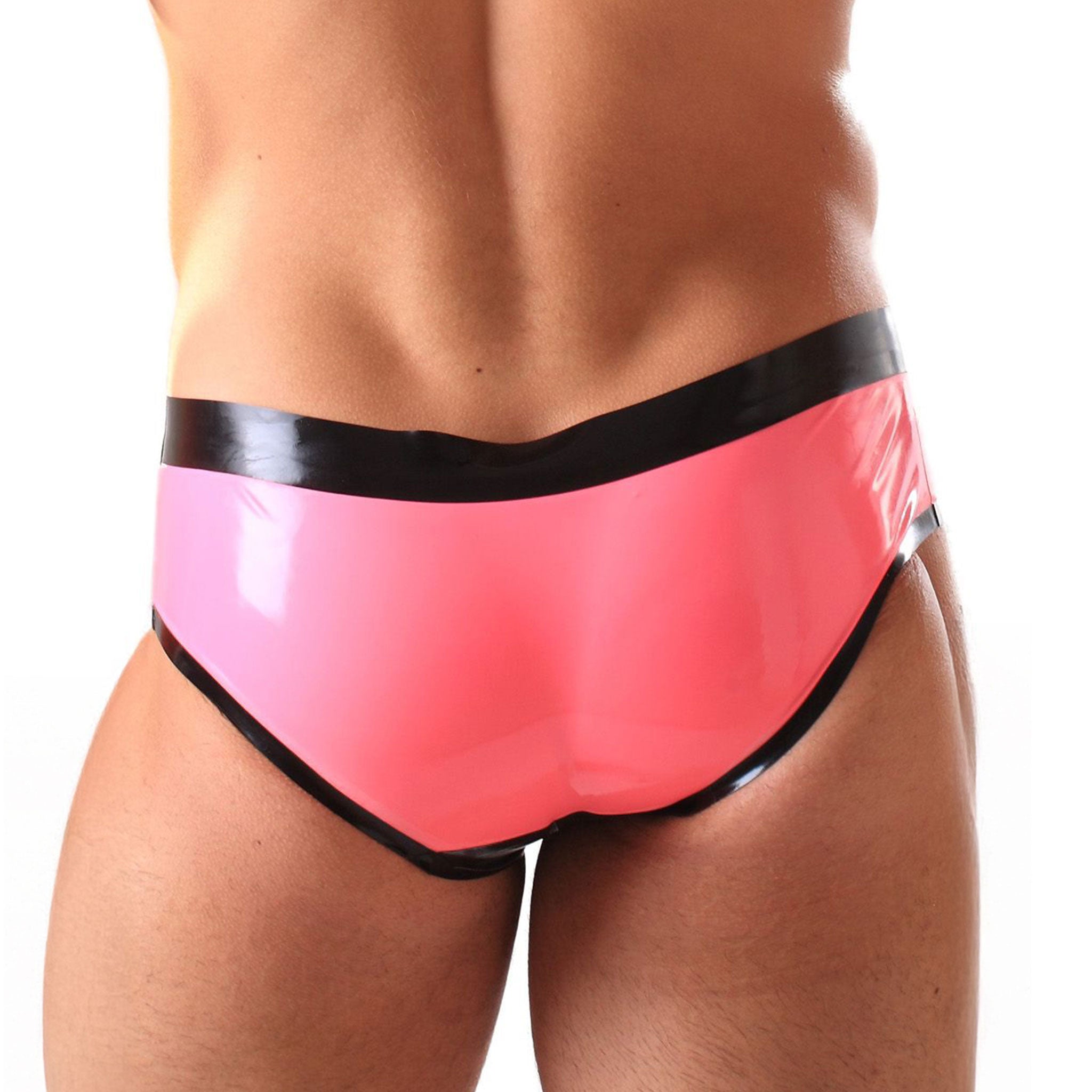 Latex rubber apparel intimates bottoms lingerie underwear briefs low-rise shaped-pouch crotch pouch stretchy shiny glossy striking vibrant fetish fashion alt-fashion alternative hipster ravewear kink kinky kinkwear costume cosplay halloween male masculine masc mens guys dudes gay queer lgbtq black pink