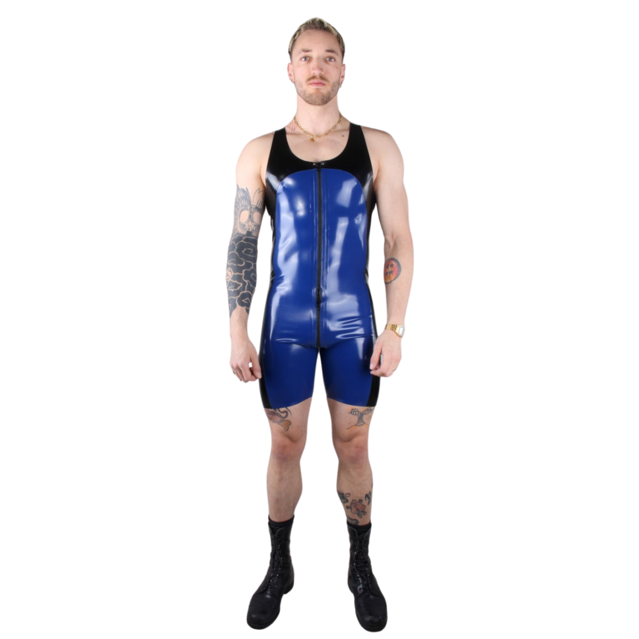 Latex contrast singlet onesie with black and blue latex design, featuring a full-length front-to-back zipper for a sleek, form-fitting look.