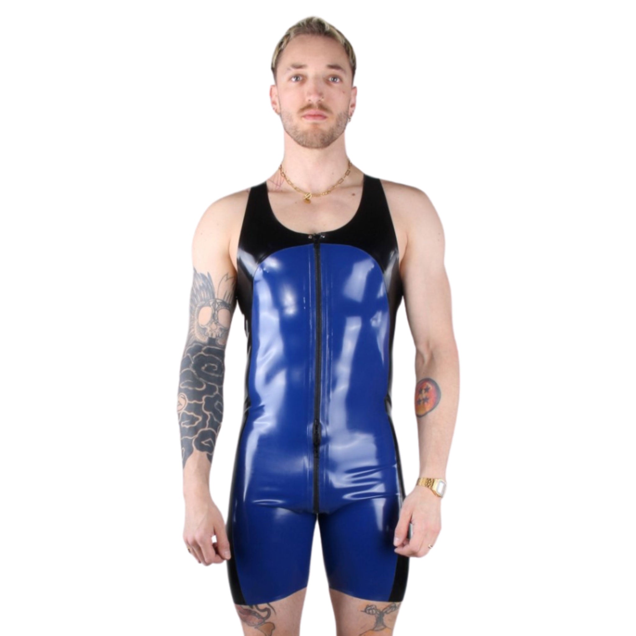 Latex bodysuit body-suit playsuit singlet onesie wrestling wrestler jock sports-jock form-fitting sleek two-tone contrasting contrast fetish fashion male masculine masc mens guys dudes gay black blue