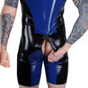 Latex bodysuit body-suit playsuit singlet onesie wrestling wrestler jock sports-jock form-fitting sleek two-tone contrasting contrast fetish fashion male masculine masc mens guys dudes gay black blue
