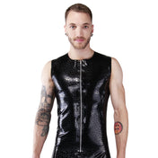 Latex etched ethced-latex crackle-pattern cracked-pattern textured top shirt sleeveless front-zip full-zip zipper shiny beautiful simple 3-d 3d fetish fashion alt-fashion gay male masculine masc mens dudes guys black