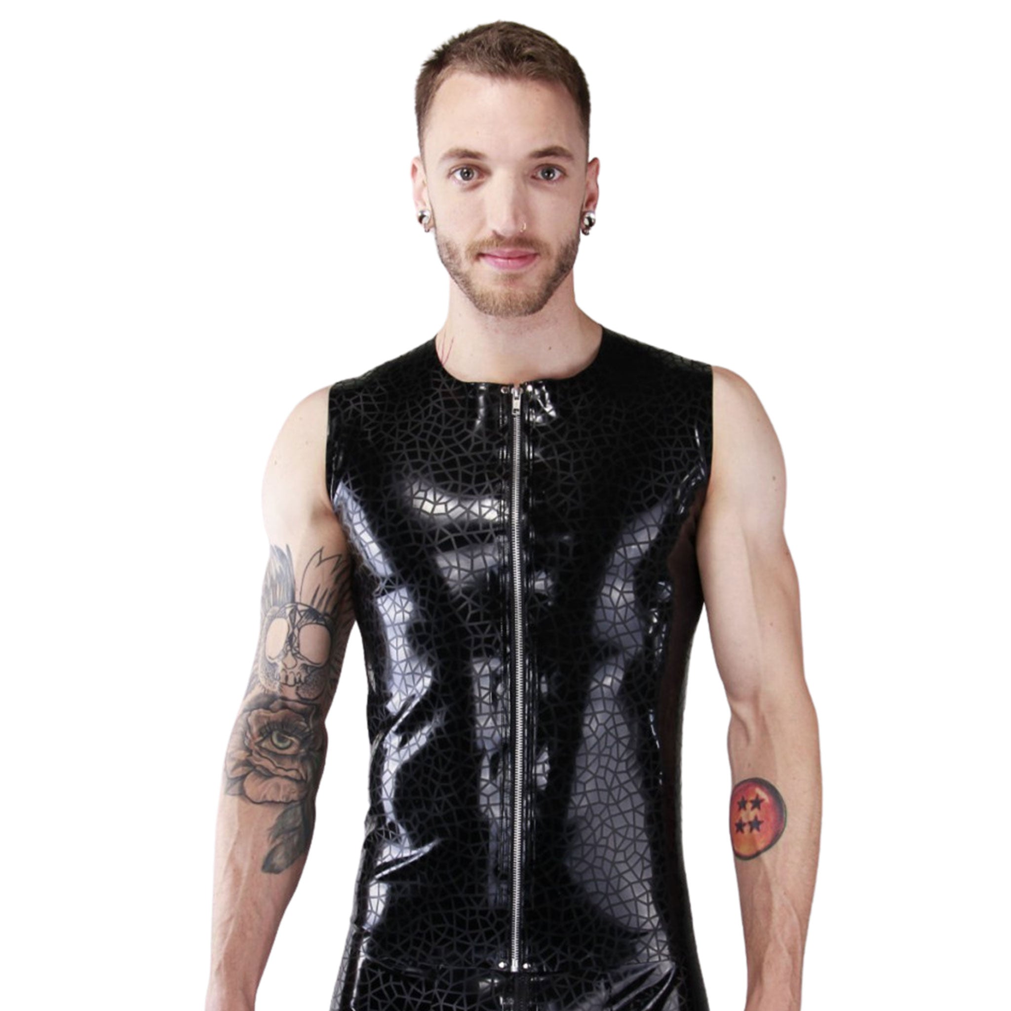 Latex etched ethced-latex crackle-pattern cracked-pattern textured top shirt sleeveless front-zip full-zip zipper shiny beautiful simple 3-d 3d fetish fashion alt-fashion gay male masculine masc mens dudes guys black