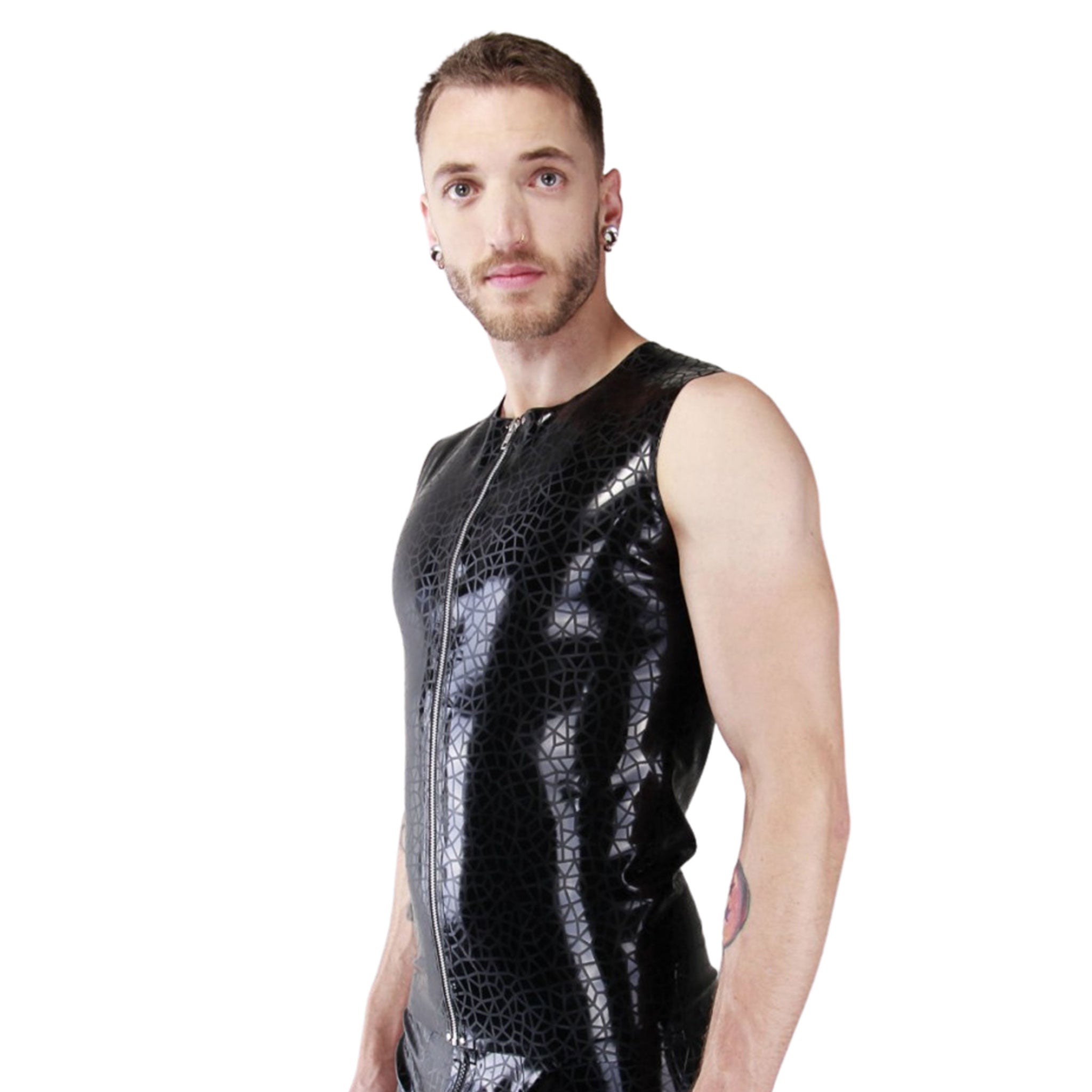 Latex etched ethced-latex crackle-pattern cracked-pattern textured top shirt sleeveless front-zip full-zip zipper shiny beautiful simple 3-d 3d fetish fashion alt-fashion gay male masculine masc mens dudes guys black