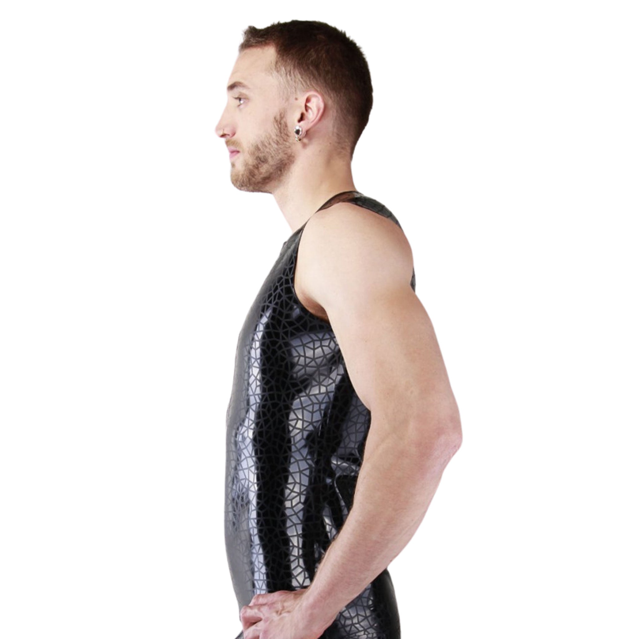 Latex etched ethced-latex crackle-pattern cracked-pattern textured top shirt sleeveless front-zip full-zip zipper shiny beautiful simple 3-d 3d fetish fashion alt-fashion gay male masculine masc mens dudes guys black