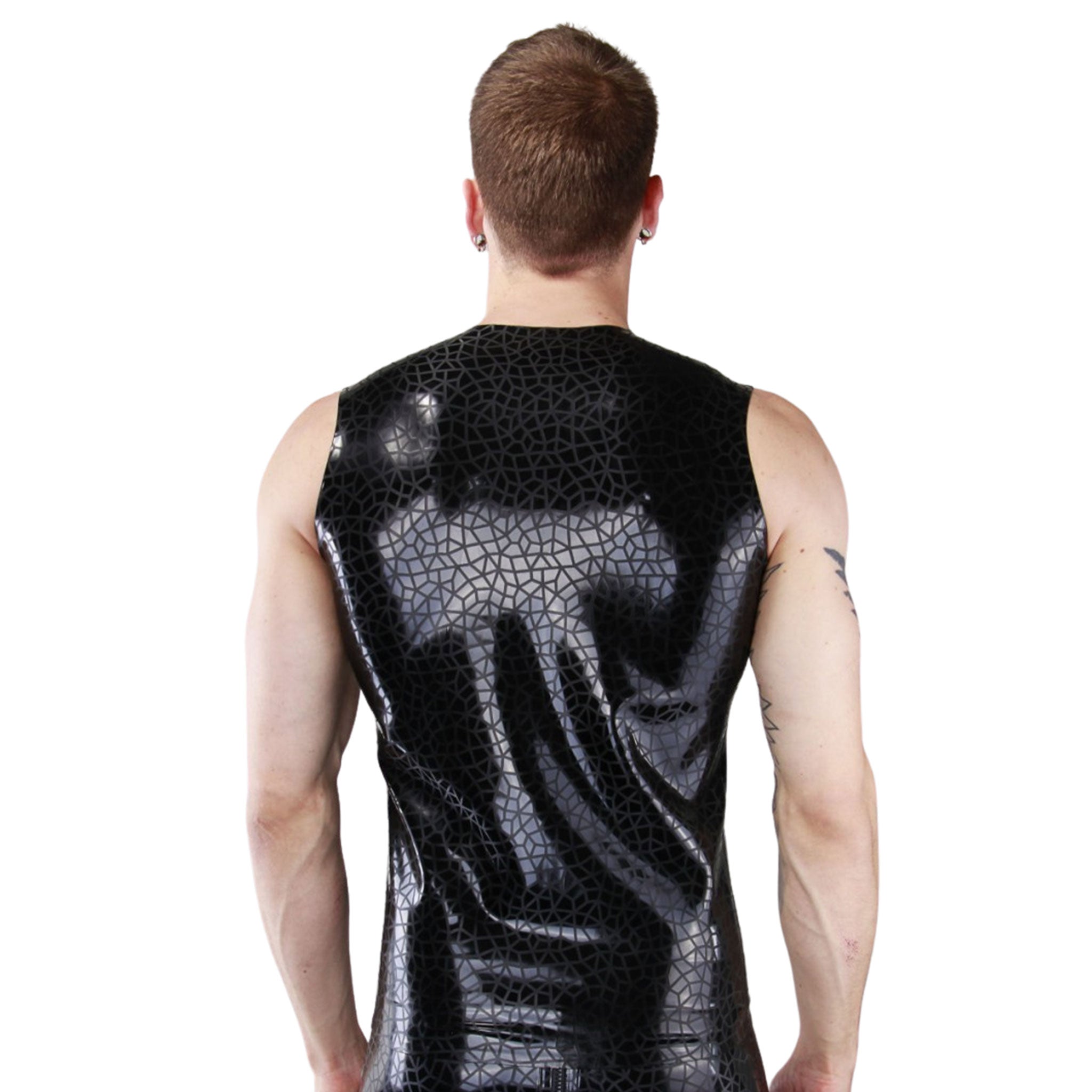 Latex etched ethced-latex crackle-pattern cracked-pattern textured top shirt sleeveless front-zip full-zip zipper shiny beautiful simple 3-d 3d fetish fashion alt-fashion gay male masculine masc mens dudes guys black