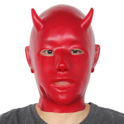 Latex rubber accessories mask hood full-face anatomical back-zip zipper molded devil demon small-horns pointed-ears satan fetish fashion alt-fashion bdsm costume cosplay halloween unisex red