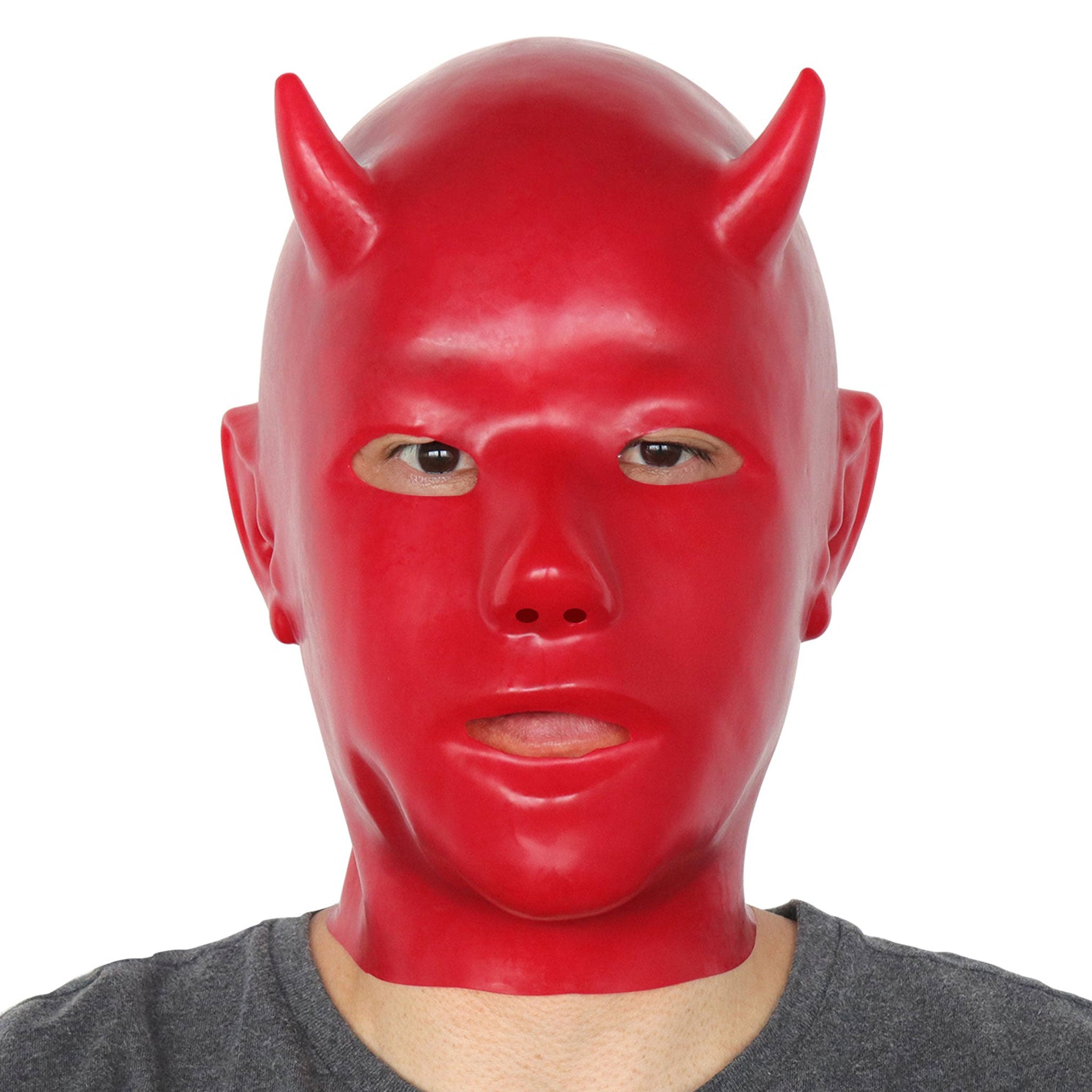 Latex rubber accessories mask hood full-face anatomical back-zip zipper molded devil demon small-horns pointed-ears satan fetish fashion alt-fashion bdsm costume cosplay halloween unisex red