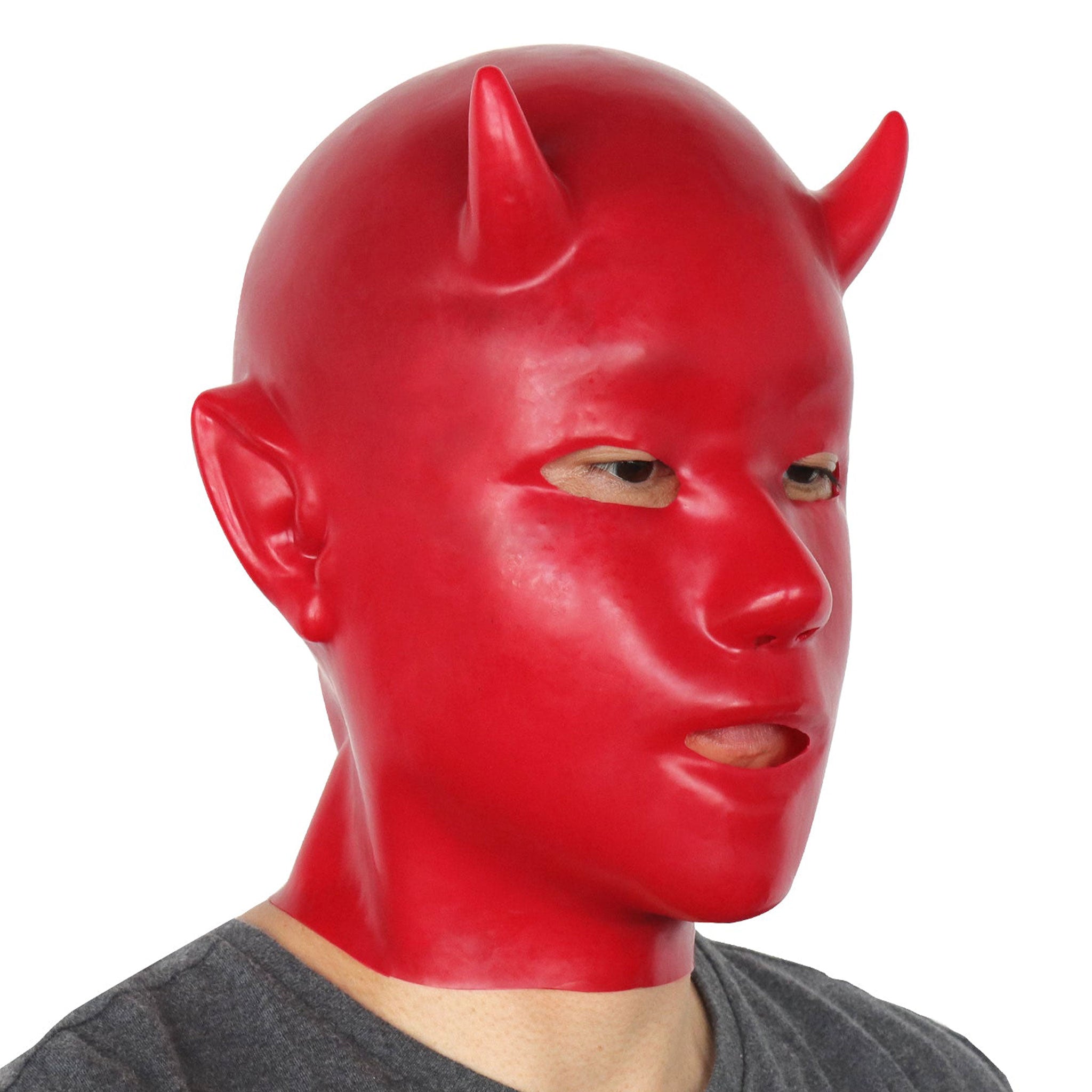 Latex rubber accessories mask hood full-face anatomical back-zip zipper molded devil demon small-horns pointed-ears satan fetish fashion alt-fashion bdsm costume cosplay halloween unisex red