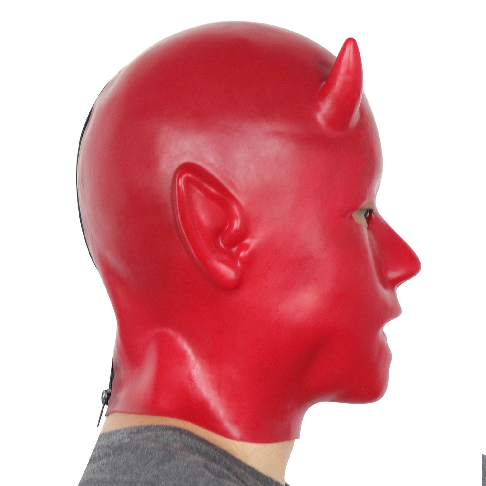 Latex rubber accessories mask hood full-face anatomical back-zip zipper molded devil demon small-horns pointed-ears satan fetish fashion alt-fashion bdsm costume cosplay halloween unisex red