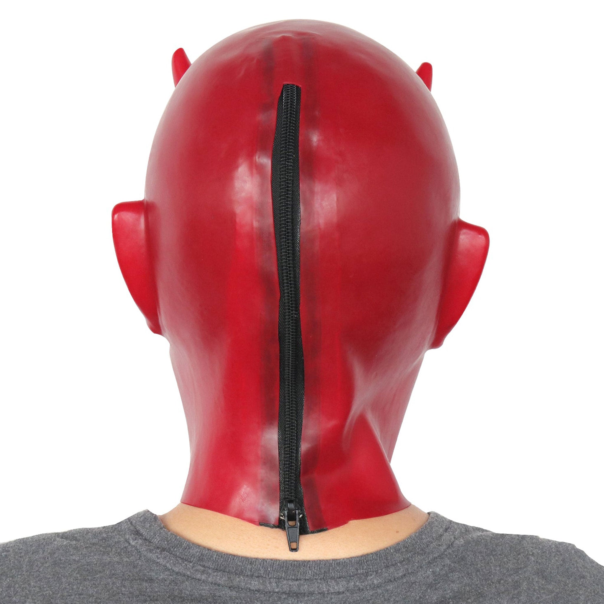 Latex rubber accessories mask hood full-face anatomical back-zip zipper molded devil demon small-horns pointed-ears satan fetish fashion alt-fashion bdsm costume cosplay halloween unisex red